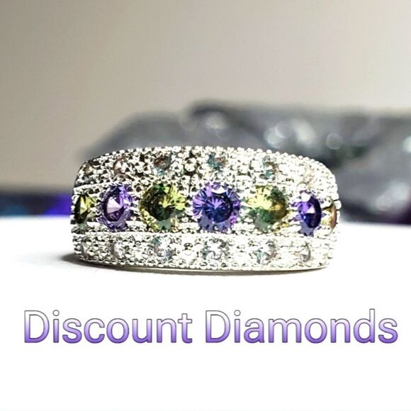 Green & Blue Diamonds Baguette White Diamonds Ring on 925 Silver Ring - Picture 3 of 7